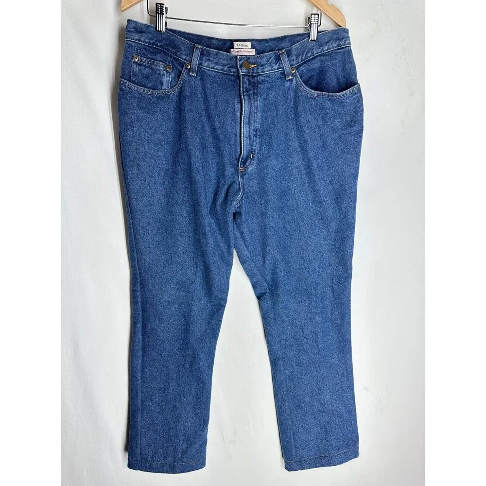 LL BEAN Womens Relaxed Fit Flannel Lined Jeans Size 18 Petite Blue Cotton